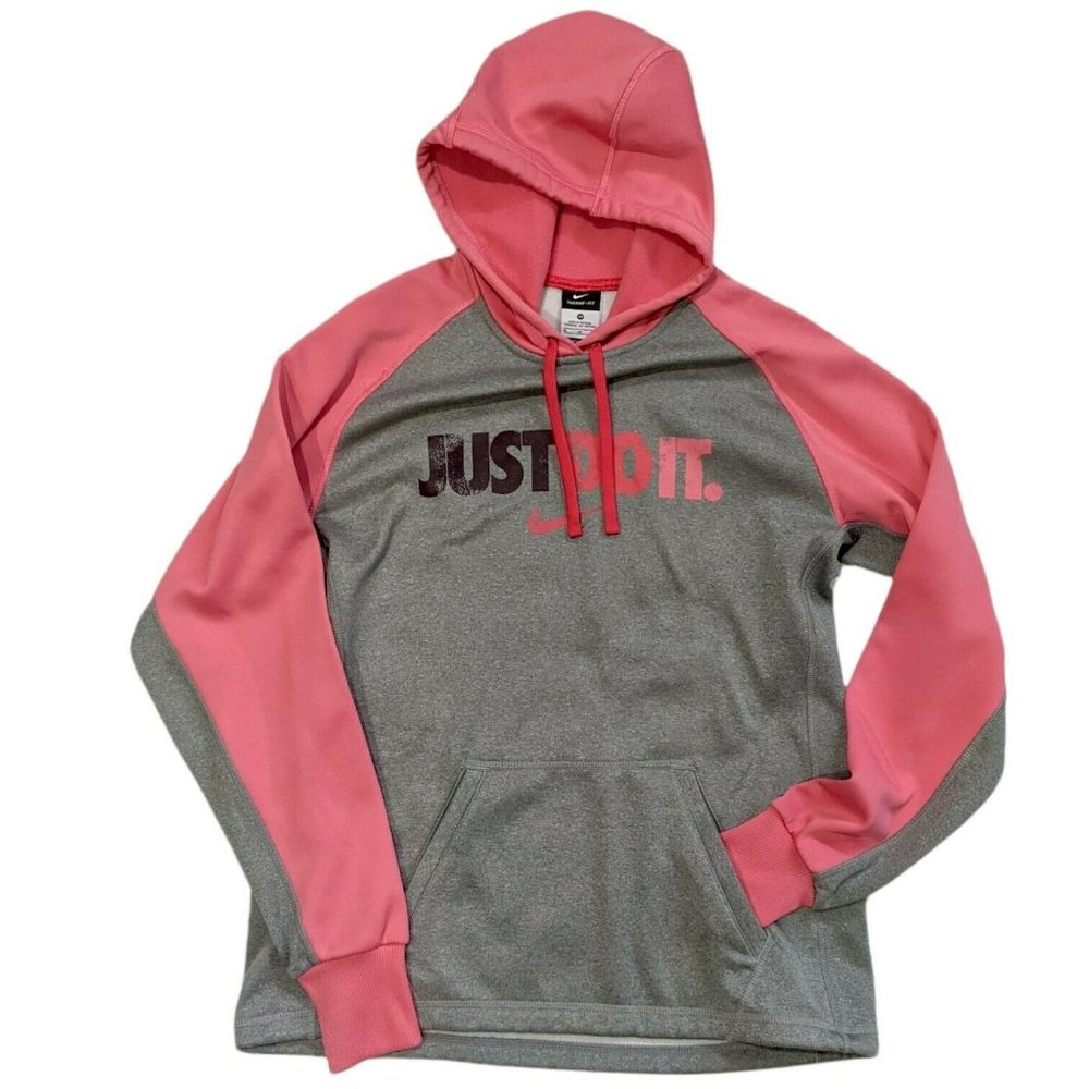 NIKE Size Medium Just Do It Therma Fit Gray/Pink Hoodie Sweatshirt Hoodie